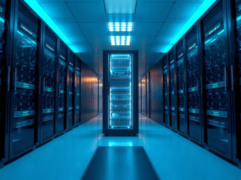 Interior of a modern data center in Beijing with blue-lit server racks, representing Moonshot AI's infrastructure.