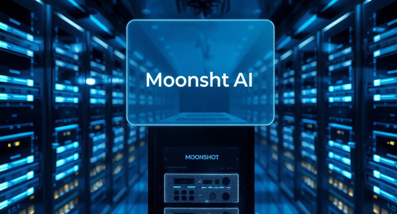 Moonshot AI server room with holographic logo symbolizing Kimi K3 model launch
