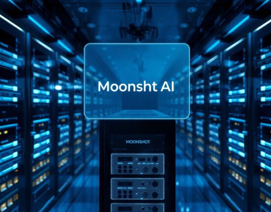Moonshot AI server room with holographic logo symbolizing Kimi K3 model launch