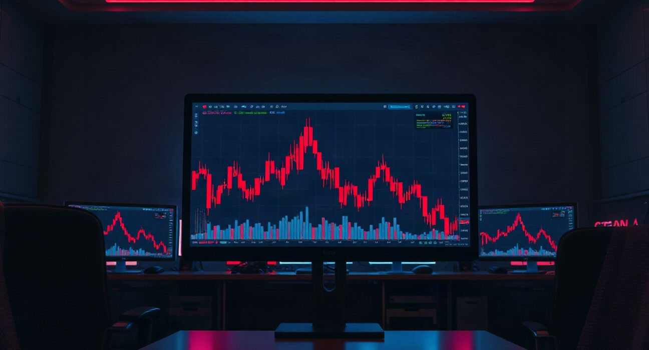 Cryptocurrency price chart with a sharp spike and drop, representing the MAMO token manipulation on Moonwell.