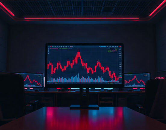 Cryptocurrency price chart with a sharp spike and drop, representing the MAMO token manipulation on Moonwell.