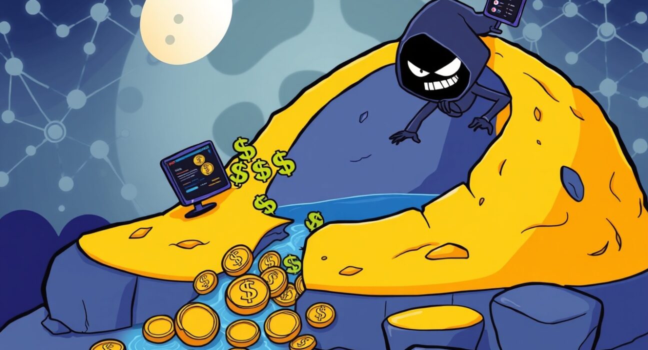 A cartoon image illustrating the devastating Moonwell exploit, with crypto tokens spilling from a cracked lunar well.