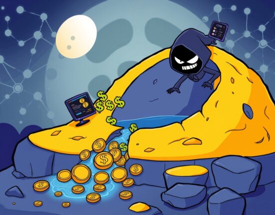 A cartoon image illustrating the devastating Moonwell exploit, with crypto tokens spilling from a cracked lunar well.