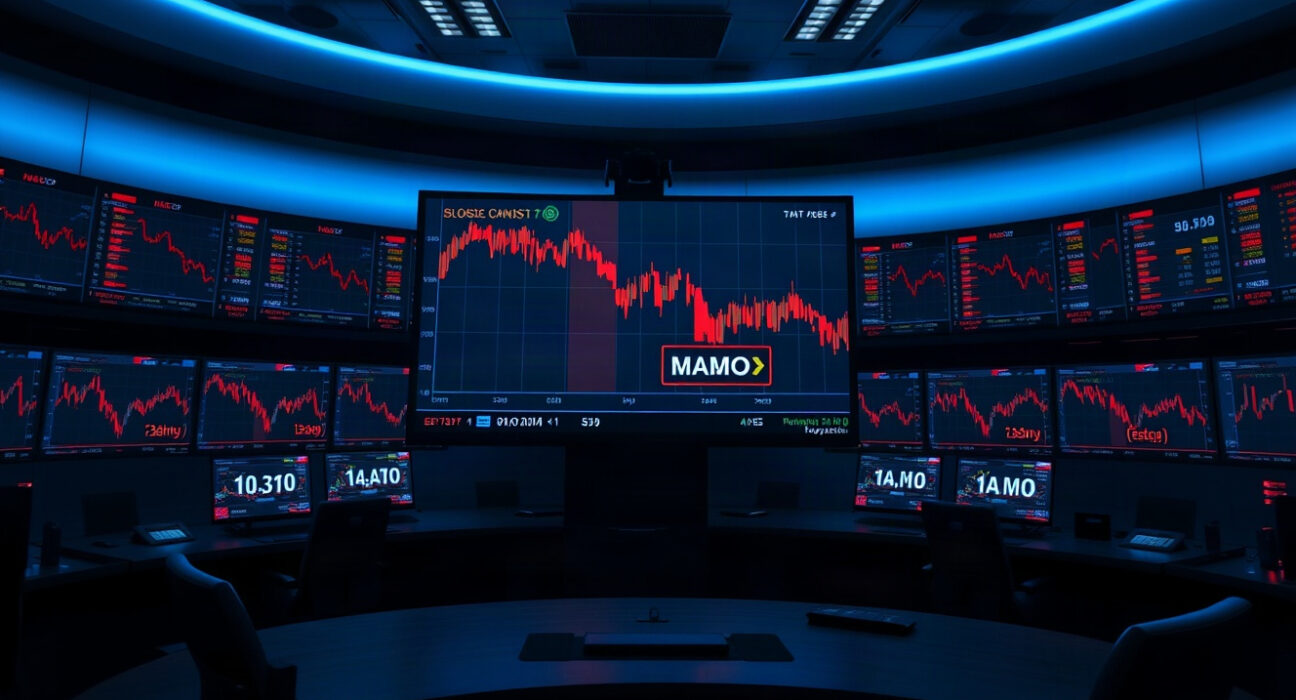 Trading screens showing a sharp drop in MAMO token price on a dark monitoring floor