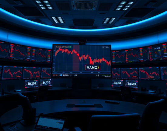 Trading screens showing a sharp drop in MAMO token price on a dark monitoring floor