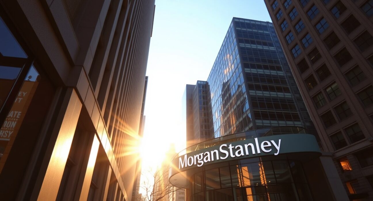 Exterior of a Morgan Stanley office building in a financial district during golden hour.