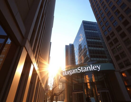 Exterior of a Morgan Stanley office building in a financial district during golden hour.
