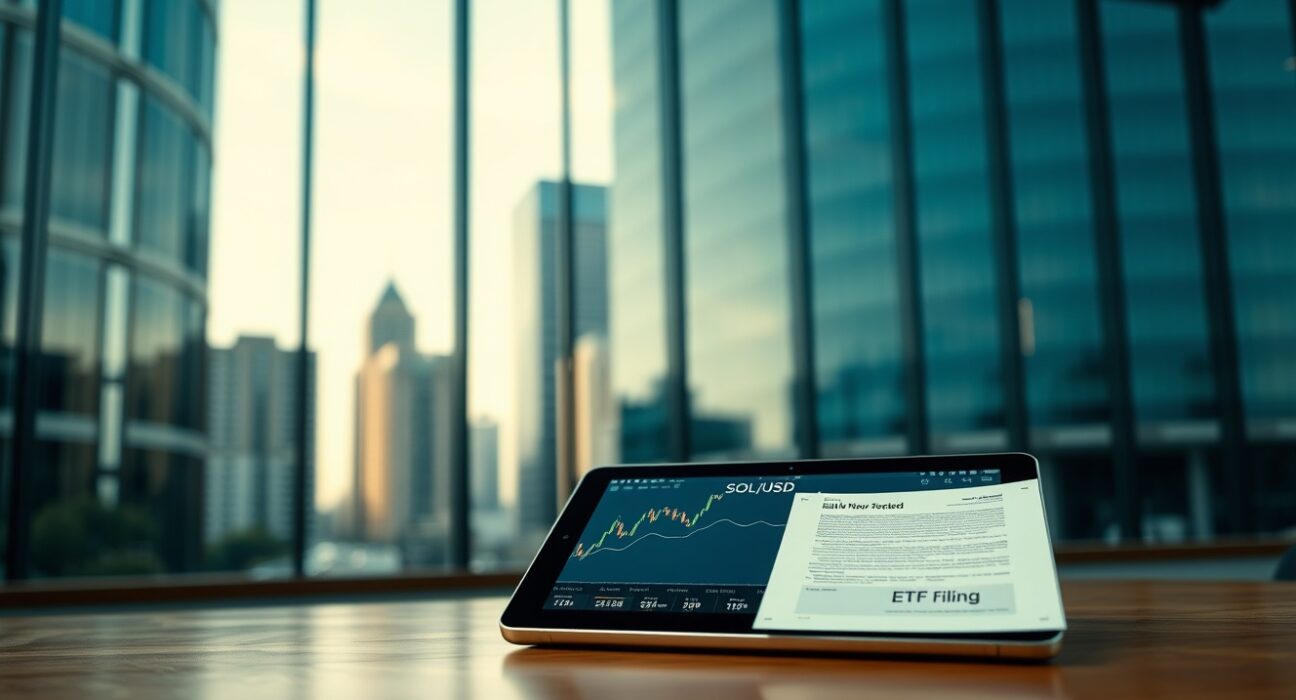 Digital tablet showing Solana price chart and ETF filing document on a desk in a financial district setting