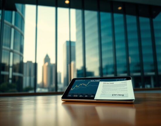 Digital tablet showing Solana price chart and ETF filing document on a desk in a financial district setting