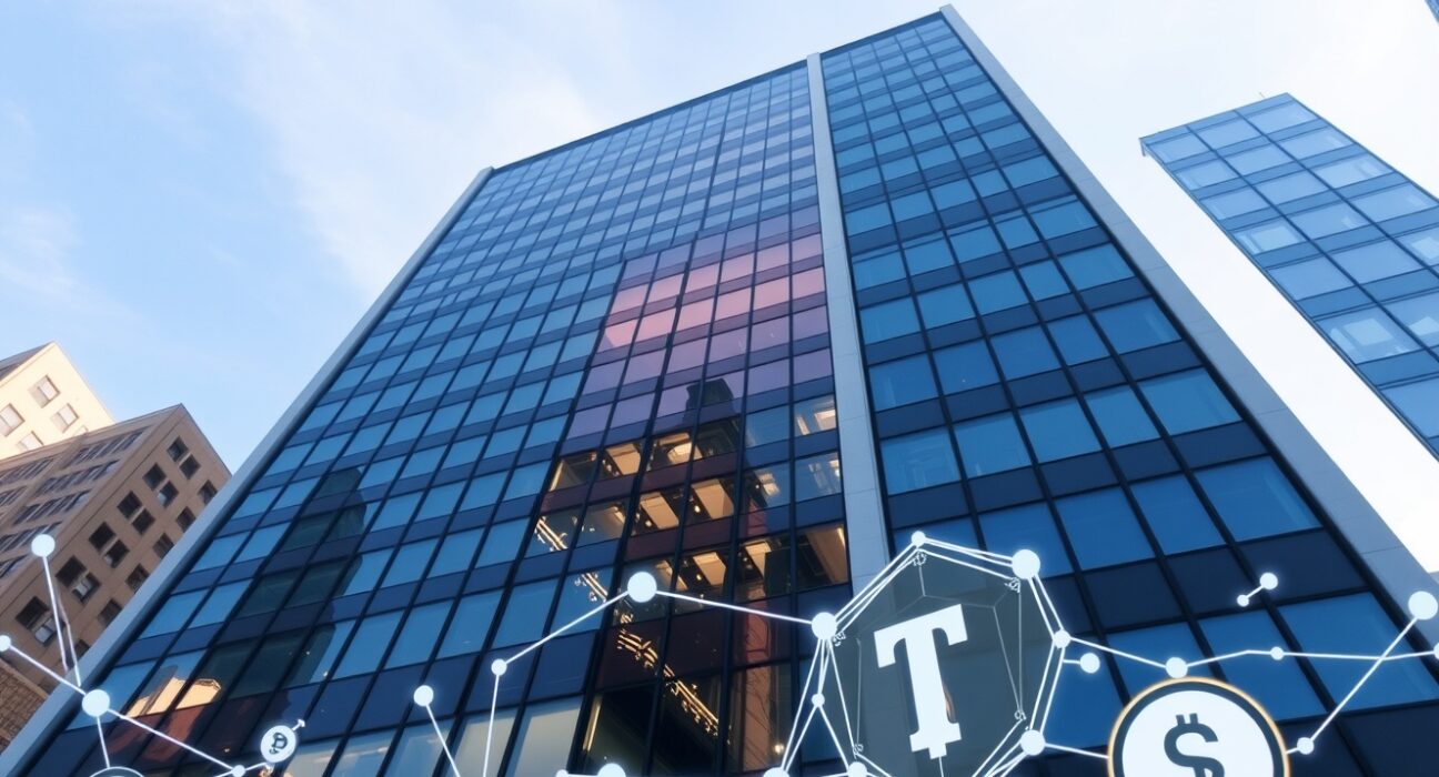 Morgan Stanley headquarters building with subtle cryptocurrency visuals