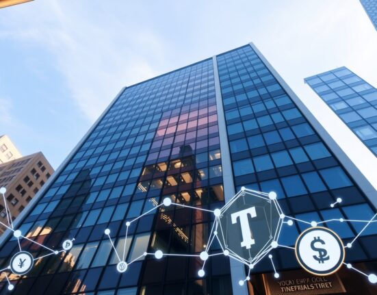 Morgan Stanley headquarters building with subtle cryptocurrency visuals