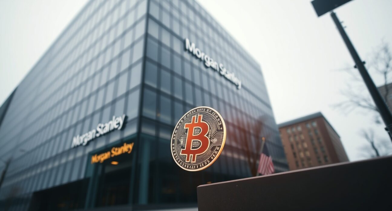 Morgan Stanley office building with a glowing Bitcoin symbol in the foreground, representing institutional crypto activity.