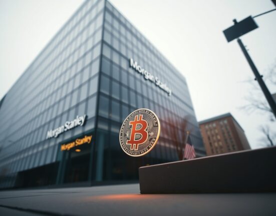 Morgan Stanley office building with a glowing Bitcoin symbol in the foreground, representing institutional crypto activity.