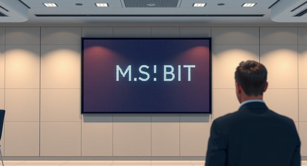 Professional trading floor display showing the Morgan Stanley Bitcoin ETF ticker symbol MSBT.