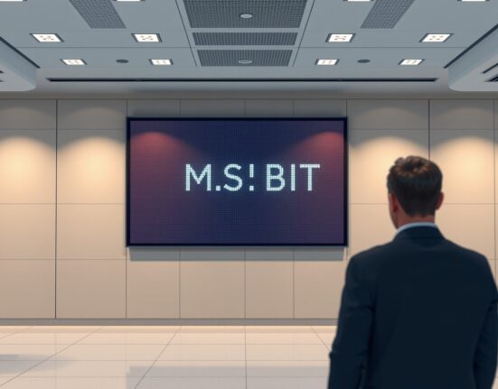 Professional trading floor display showing the Morgan Stanley Bitcoin ETF ticker symbol MSBT.