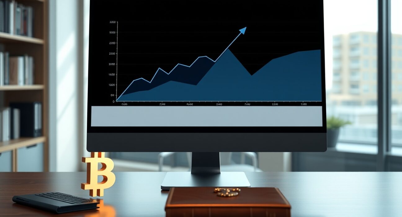 Professional trading desk with Bitcoin logo and financial chart representing the Morgan Stanley Bitcoin ETF launch.