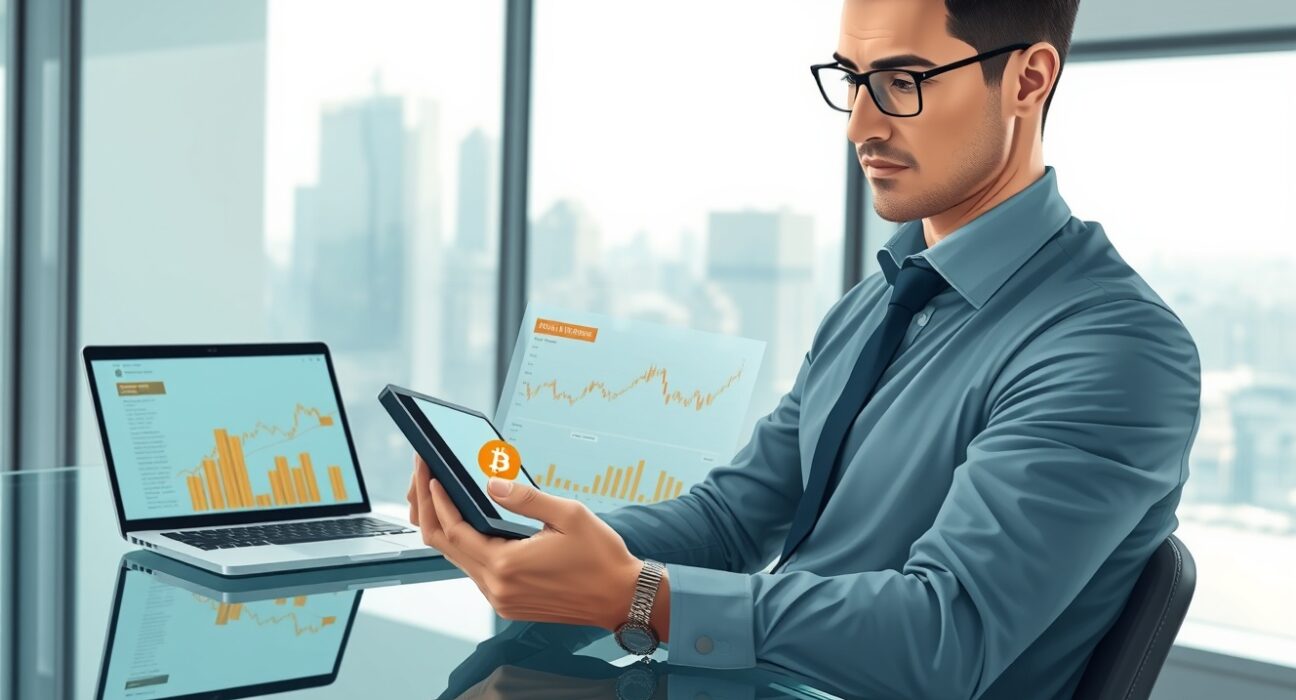 Financial analyst reviewing Bitcoin ETF investment data and institutional demand projections