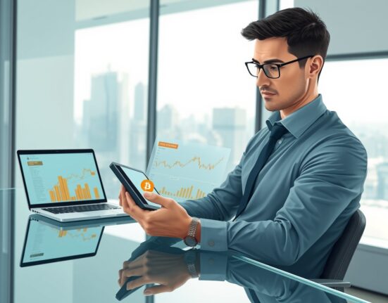 Financial analyst reviewing Bitcoin ETF investment data and institutional demand projections