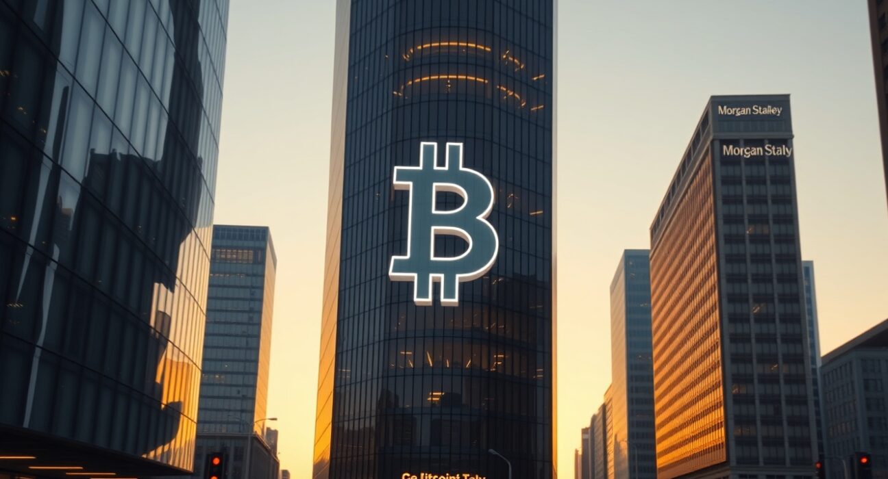 Morgan Stanley's potential Bitcoin ETF integration into traditional finance, symbolized in a cityscape.