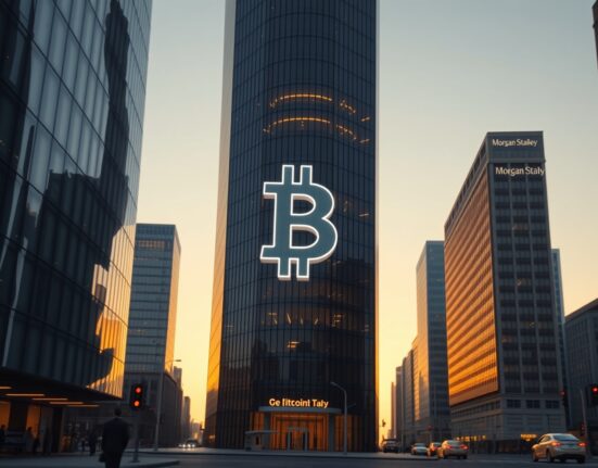 Morgan Stanley's potential Bitcoin ETF integration into traditional finance, symbolized in a cityscape.
