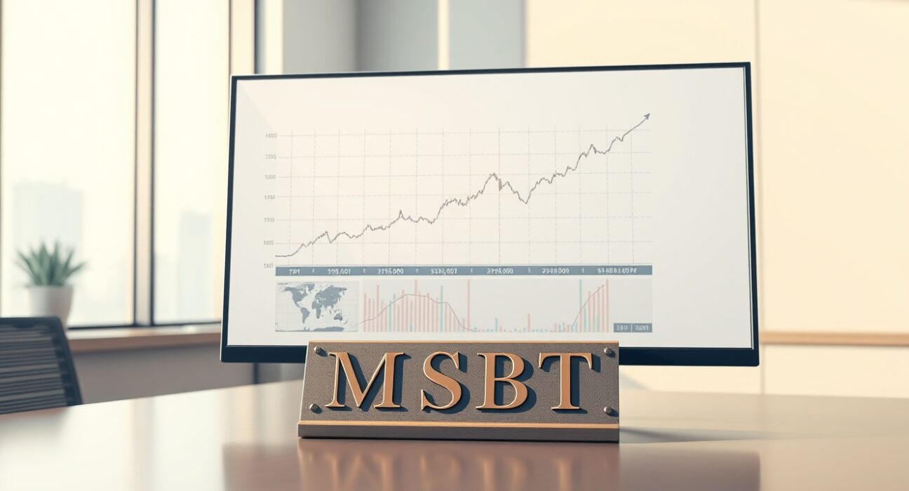 Professional trading desk displaying the Morgan Stanley Bitcoin ETF (MSBT) stock chart and placard.