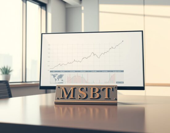 Professional trading desk displaying the Morgan Stanley Bitcoin ETF (MSBT) stock chart and placard.