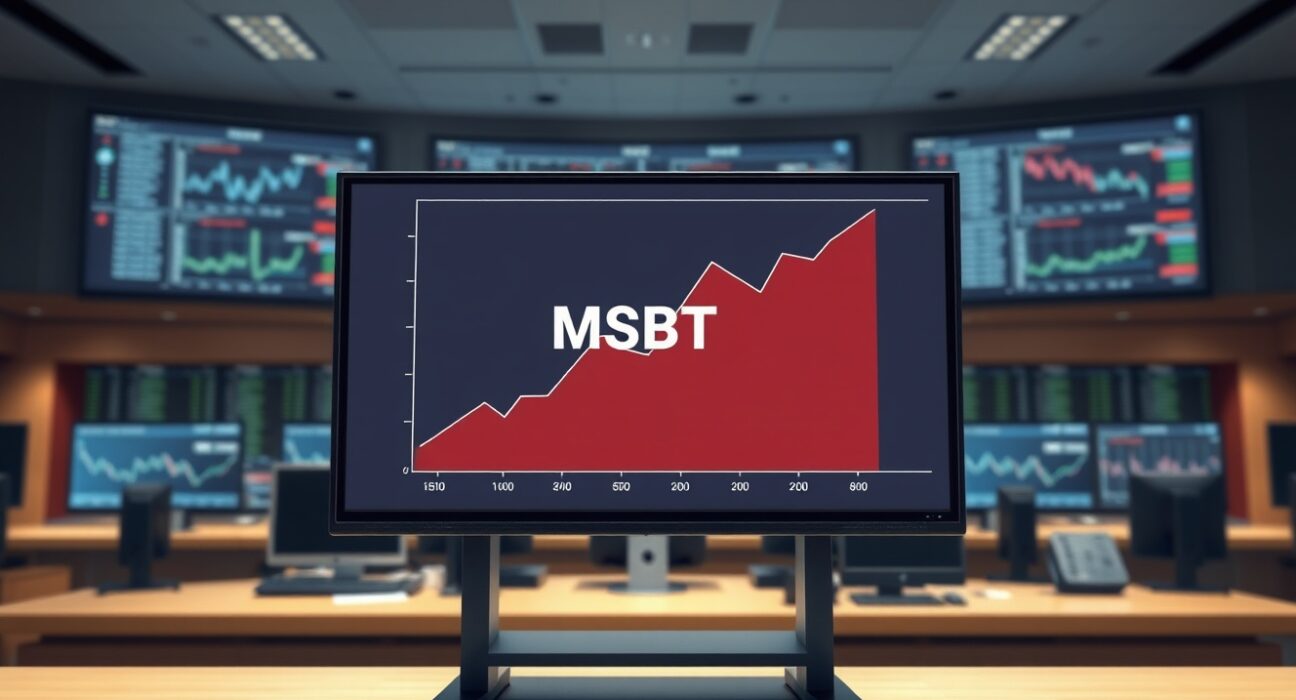 Professional trading floor display showing the Morgan Stanley Bitcoin ETF (MSBT) launch data and performance graph.