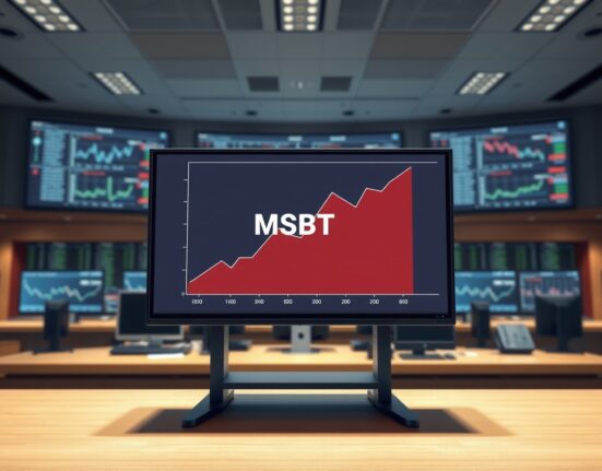Professional trading floor display showing the Morgan Stanley Bitcoin ETF (MSBT) launch data and performance graph.