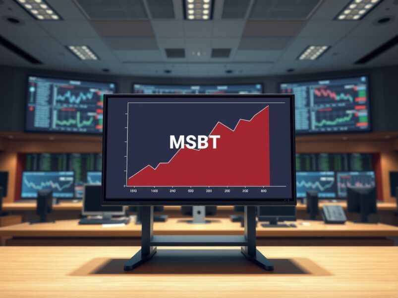 Professional trading floor display showing the Morgan Stanley Bitcoin ETF (MSBT) launch data and performance graph.