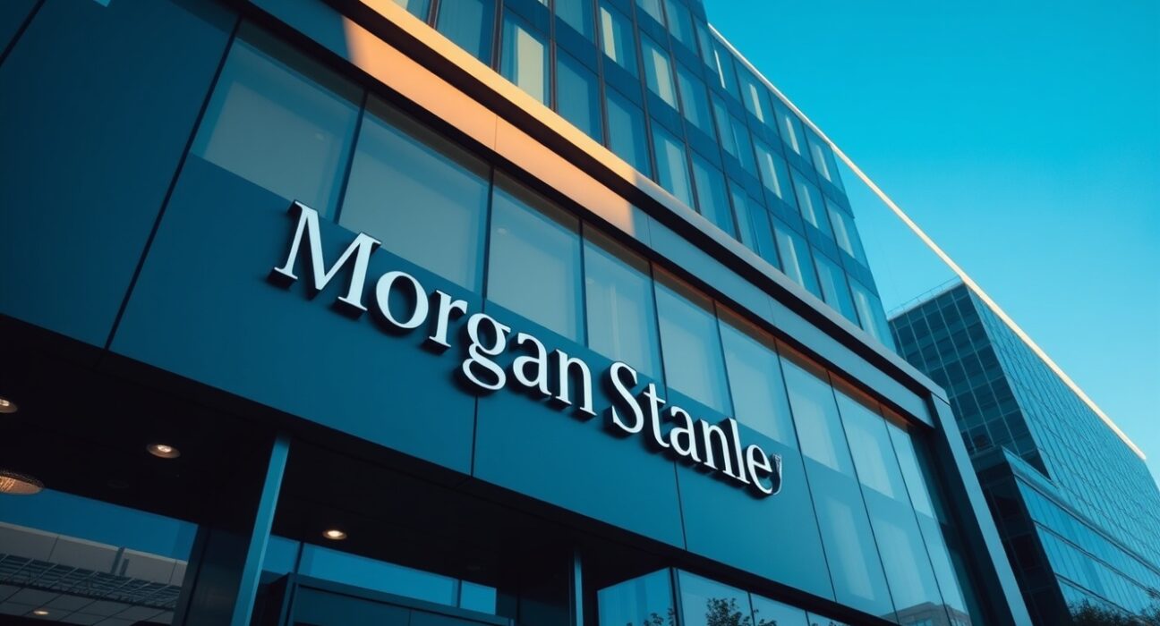 Morgan Stanley office building exterior in afternoon light, symbolizing institutional finance and Bitcoin investment.
