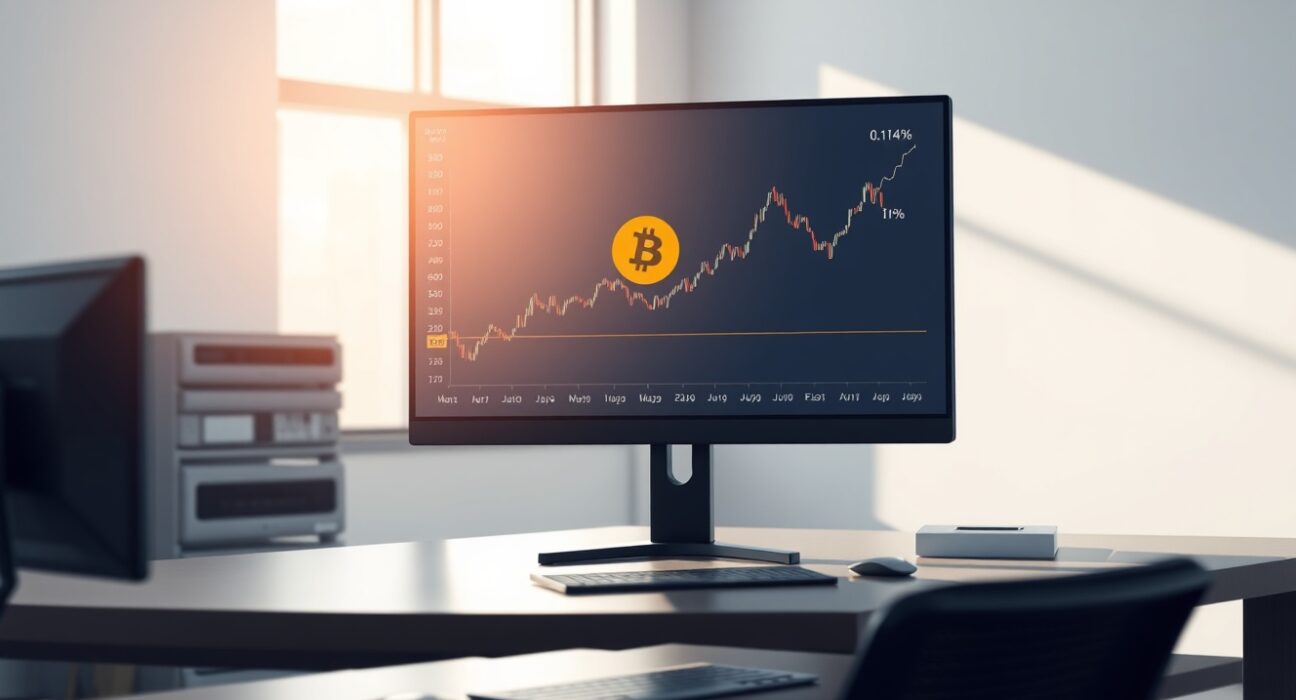 Morgan Stanley's competitive 0.14% Bitcoin spot ETF fee displayed on a professional financial trading monitor.
