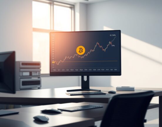 Morgan Stanley's competitive 0.14% Bitcoin spot ETF fee displayed on a professional financial trading monitor.