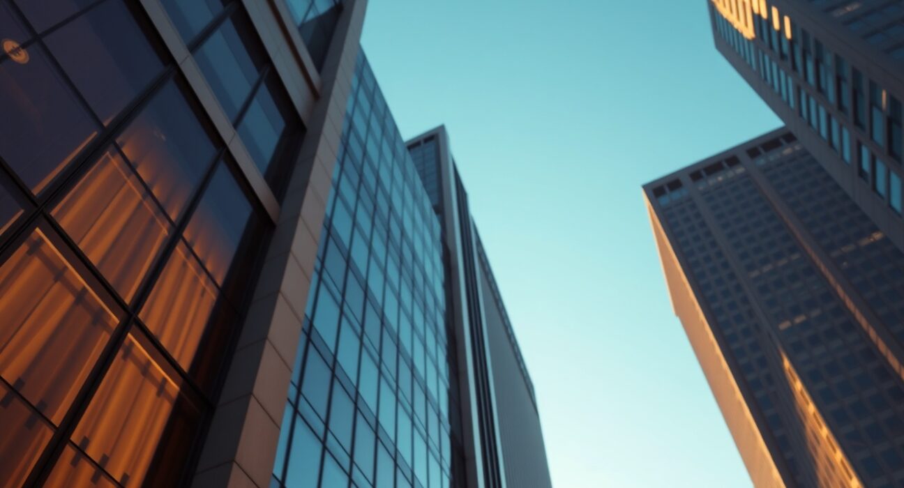 Exterior of a Morgan Stanley office building with subtle digital Bitcoin symbols reflected in the glass.