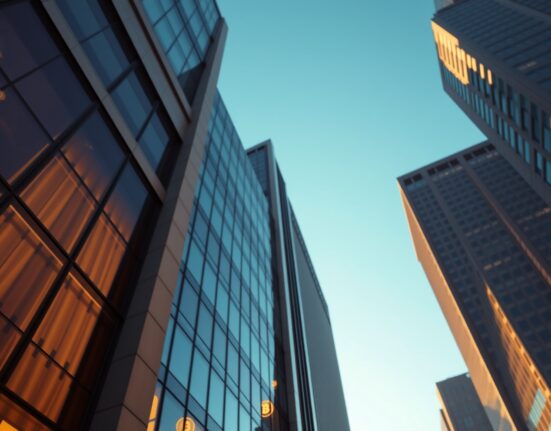 Exterior of a Morgan Stanley office building with subtle digital Bitcoin symbols reflected in the glass.