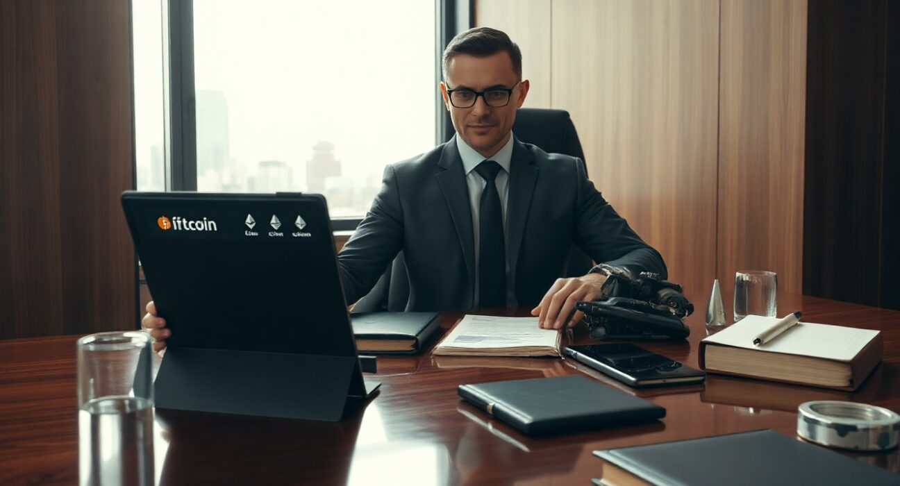 Financial advisor reviewing crypto ETF conversion on tablet in modern wealth management office