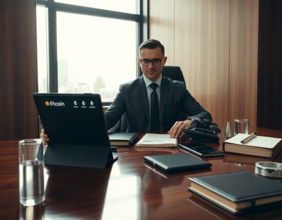 Financial advisor reviewing crypto ETF conversion on tablet in modern wealth management office