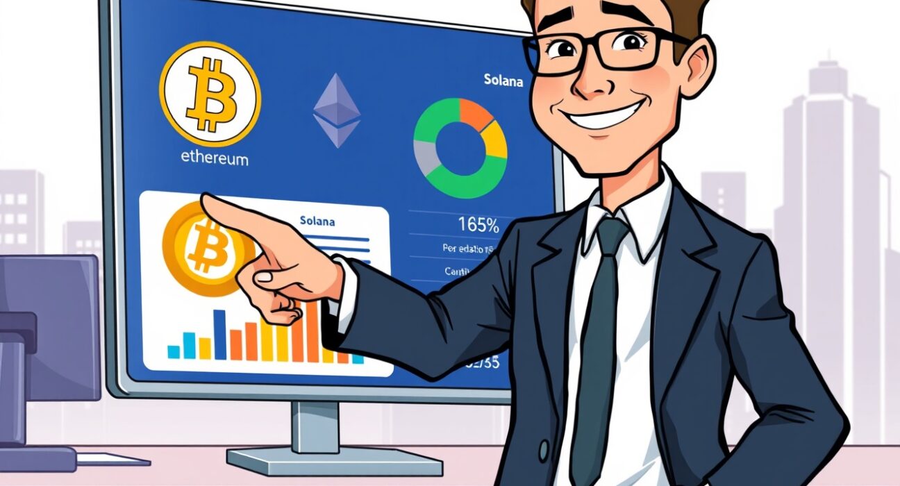 A cartoon illustration showing a financial advisor guiding a client through a diversified Morgan Stanley crypto asset allocation portfolio.