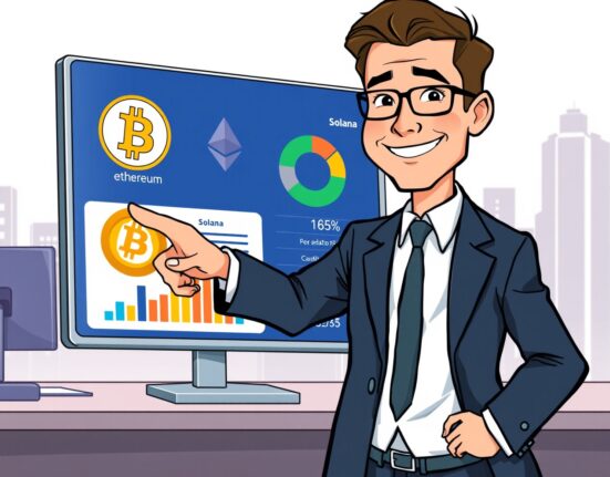 A cartoon illustration showing a financial advisor guiding a client through a diversified Morgan Stanley crypto asset allocation portfolio.