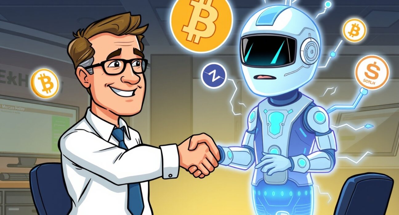A cartoon illustration showing a partnership bringing Morgan Stanley crypto trading to retail investors.