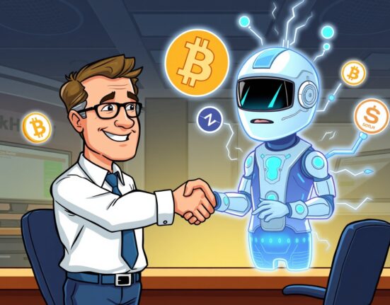 A cartoon illustration showing a partnership bringing Morgan Stanley crypto trading to retail investors.