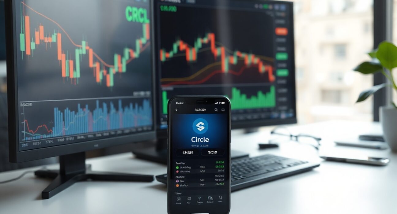 Analyst reviewing Circle stock chart on monitor with stablecoin app on phone