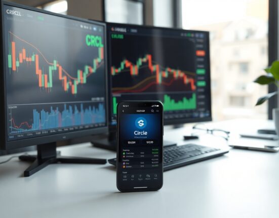 Analyst reviewing Circle stock chart on monitor with stablecoin app on phone