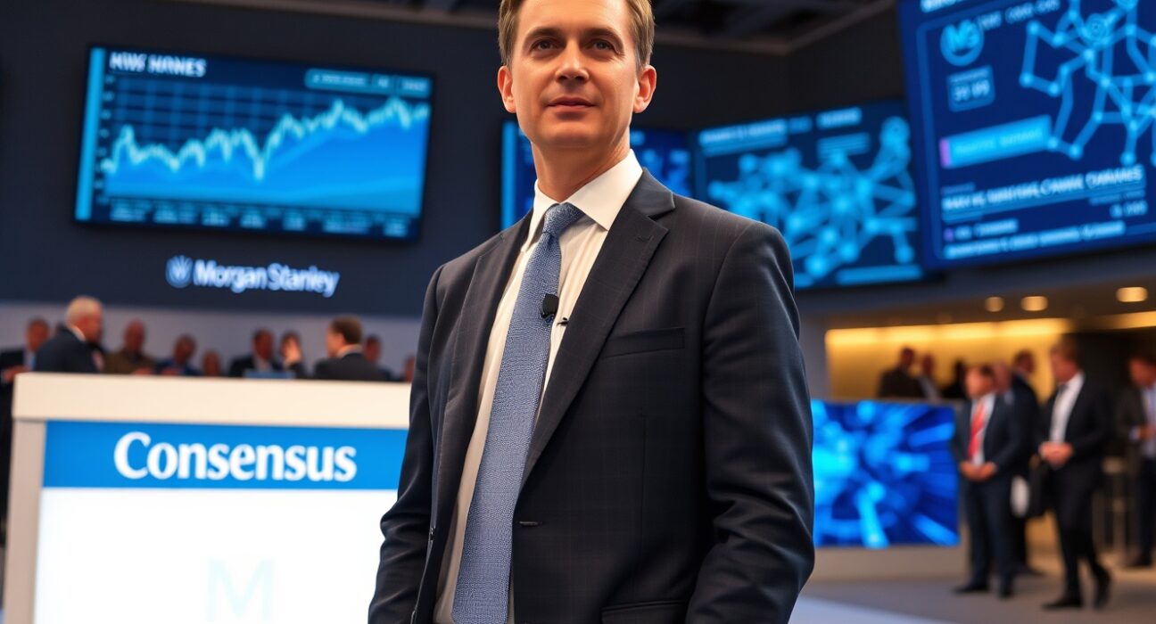 Morgan Stanley executive speaking at Consensus 2026 conference about DeFi being absorbed by traditional finance