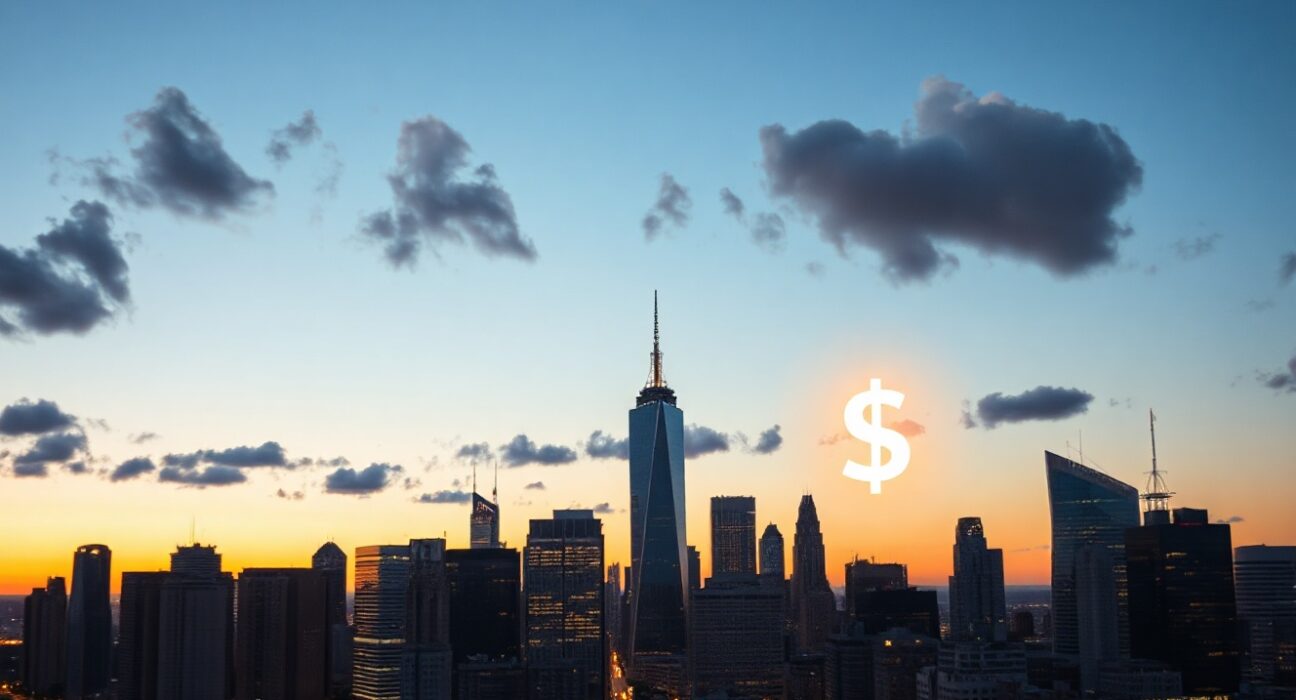 Financial district skyline with digital dollar sign overlay symbolizing stablecoin market