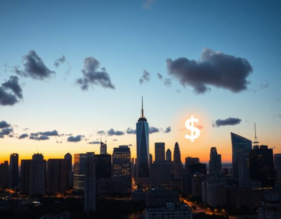 Financial district skyline with digital dollar sign overlay symbolizing stablecoin market