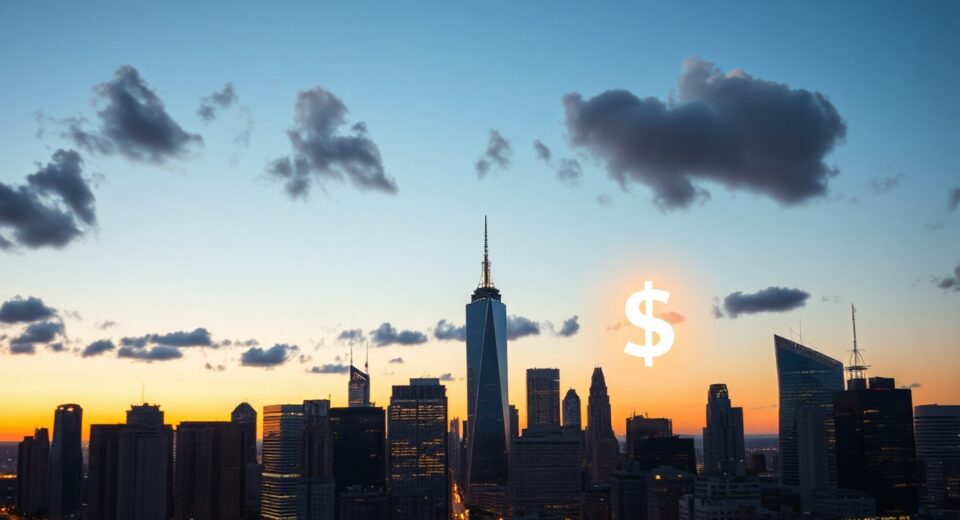Financial district skyline with digital dollar sign overlay symbolizing stablecoin market