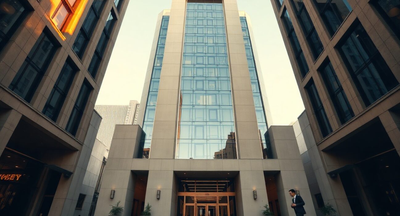 Exterior of a modern financial institution building in a city during golden hour, representing Morgan Stanley's headquarters.