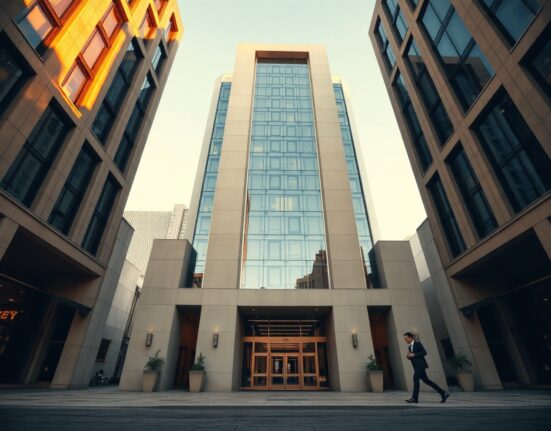 Exterior of a modern financial institution building in a city during golden hour, representing Morgan Stanley's headquarters.