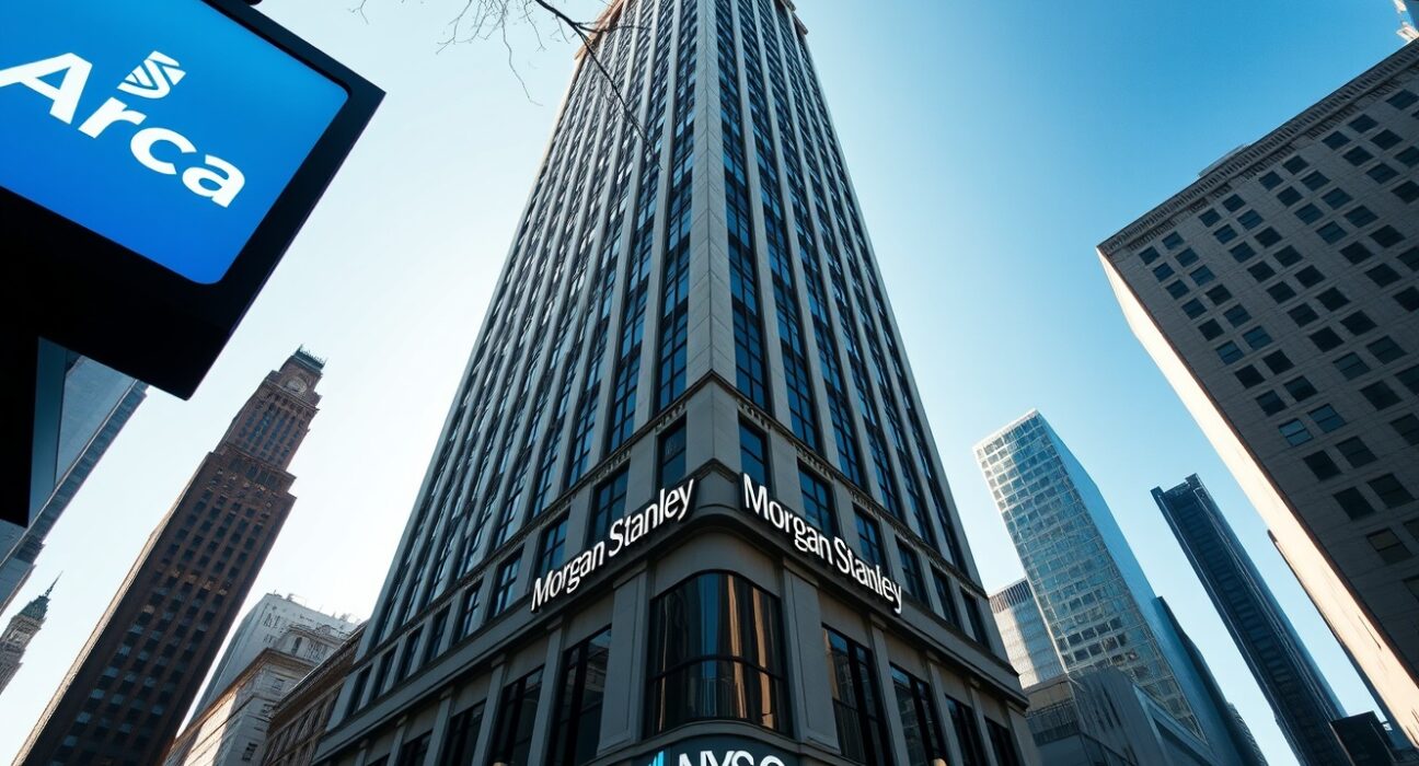 Morgan Stanley headquarters building in New York City on a sunny day, representing institutional finance and ETF trading.