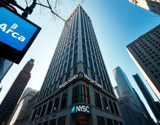 Morgan Stanley headquarters building in New York City on a sunny day, representing institutional finance and ETF trading.